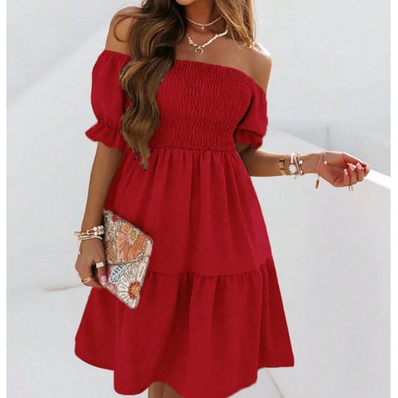 Boho Shirred Puff Sleeve Off Shoulder Mini Dress - Picture 4 of 8